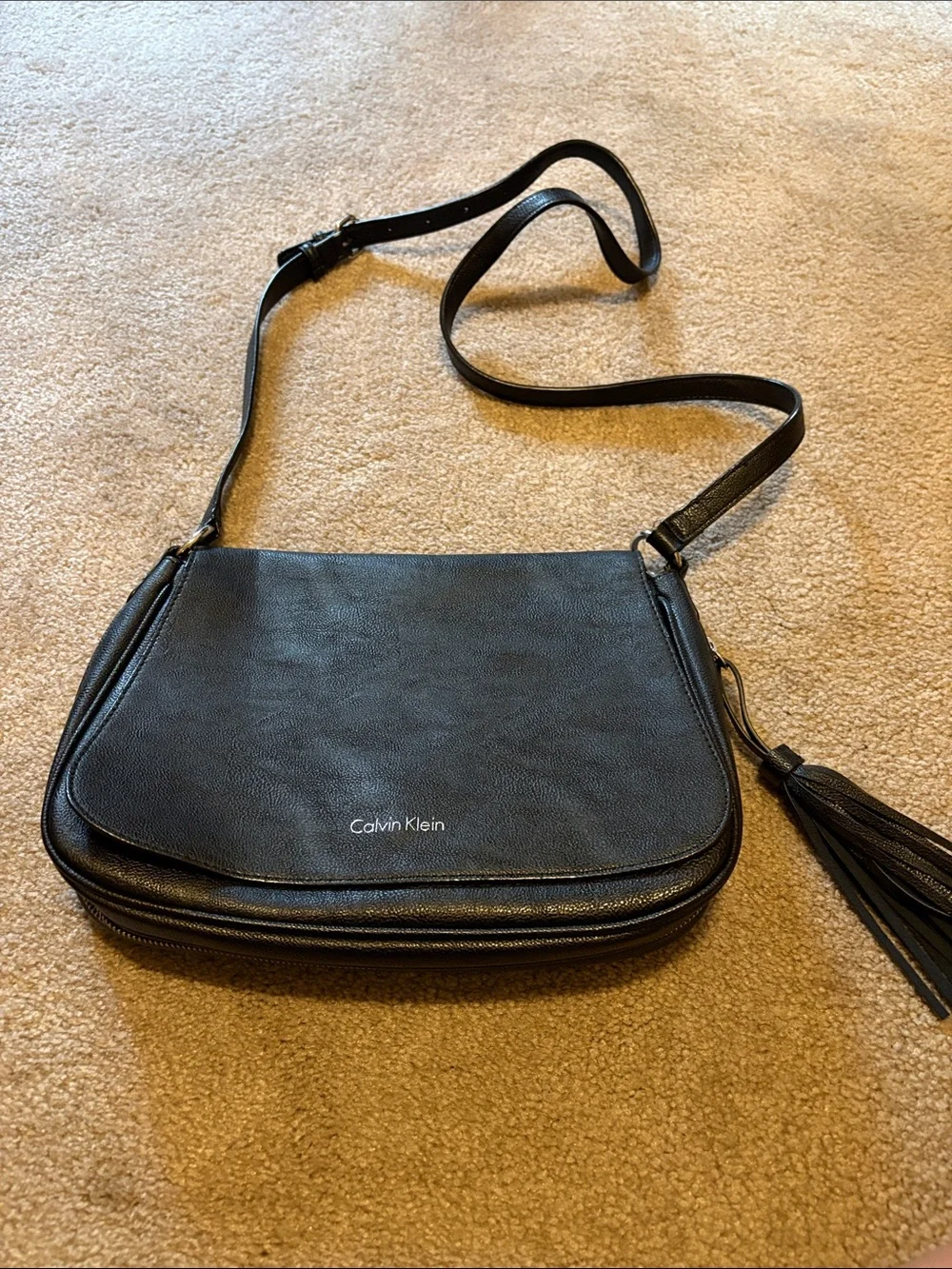 Calvin Klein Black Leather Crossbody with Tassel Accent